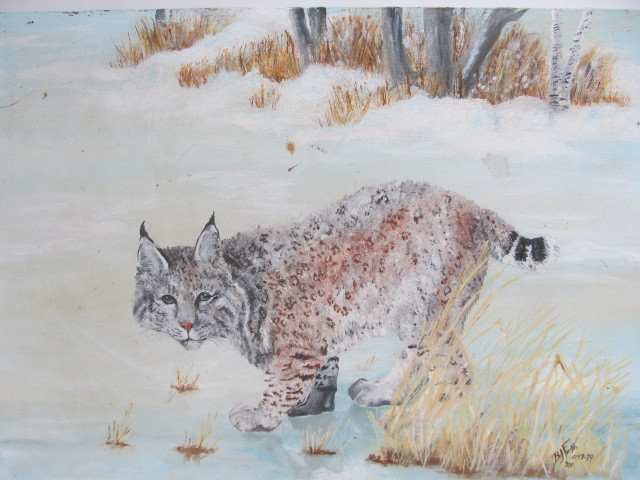 lot 237 image: Signed Vintage Oil on Canvas Lynx Painting