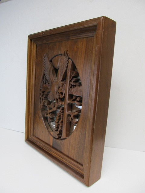 lot 239 image: Vintage Signed Carved Wood Eagle Artwork wMirror Back