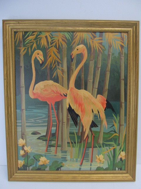 lot 192 image: Framed Vintage 1950s Flamingo Paint by Numbers Painting