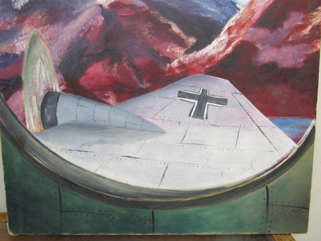 lot 250 image: Large Vintage 1960s Oil on Canvas Painting of The Viewpoint From Inside a German WW2 Fighter Plane