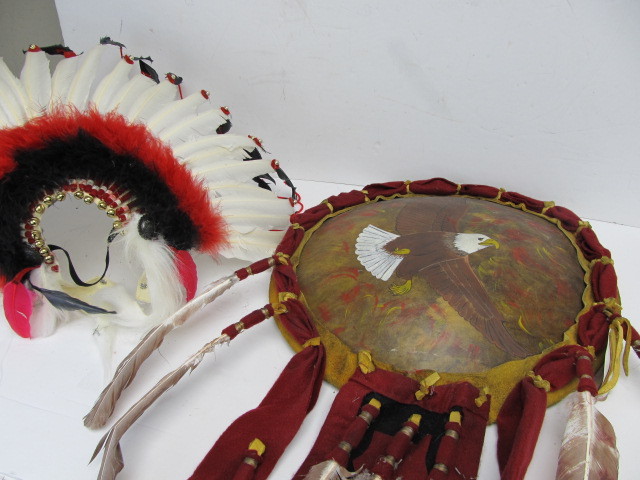 lot 64 image: Large Native American Hand Made & Painted Animal Hide Ceremonial Redhawk Eagle Clan Shield & Headdress 