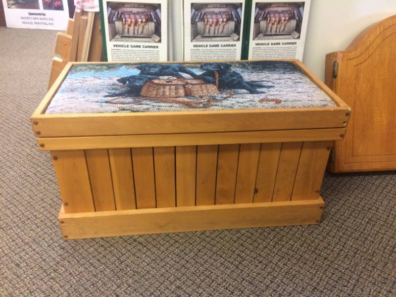 lot 66 image: Beautiful Black Labrador Retrievers Stitched Handmade Wooden Trunk by Non-Profit Lakestate Industries - Nice Used Condition