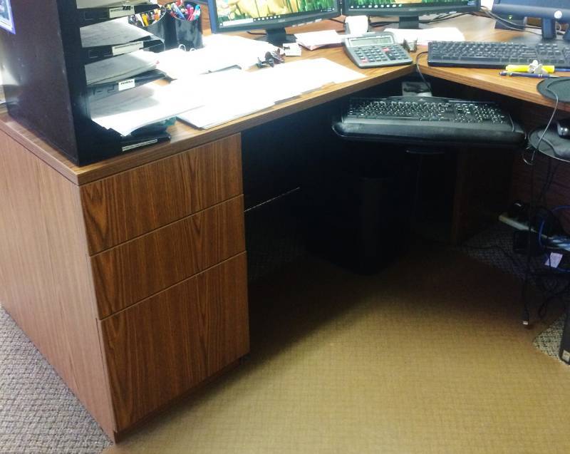lot 6 image: MSRP $3000 High Quality LACASSE Concept 70 Executive Corner Workstation With Regular & Locking Lateral Filing Cabinets Perhaps A Custom Piece - Bourbon Cherry Finish (Limited Lifetime Warranty) - Excellent Condition Please see PDF For Price Guide