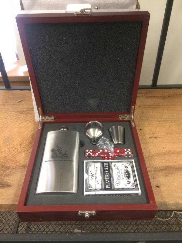 lot 30 image: New In Box Flask with Shot Glass, Deck of Cards and Dice