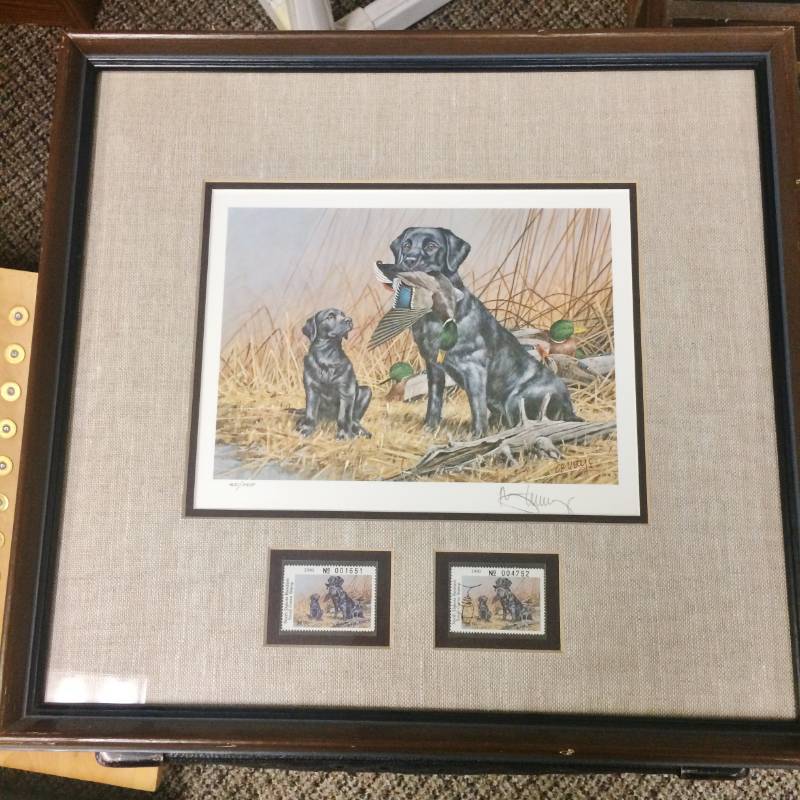 lot 47 image: Signed & Numbered Framed & Matted Black Labrador Retriever With Pup - This Includes Signed Stamps