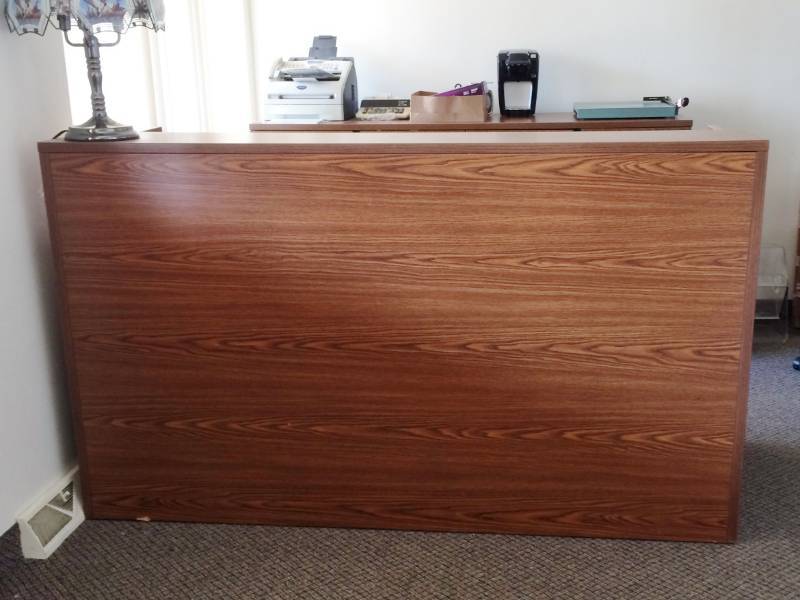 lot 4 image: MSRP $1800 High Quality LACASSE Concept 70 Left Pedestal Reception Desk With 3 Drawers - Bourbon Cherry Finish (Limited Lifetime Warranty) - Excellent Condition Please see PDF For Price Guide & More Info