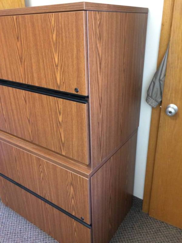 lot 7 image: MSRP $1200 Each High Quality LACASSE Concept 70 2 Drawer Lateral Filing Cabinet - Bourbon Cherry Finish (Limited Lifetime Warranty) - Excellent Condition Please see PDF For Price Guide - One Is Stacked On Top Of The Other