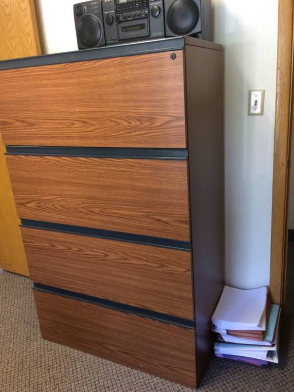 lot 8 image: MSRP $1800 High Quality LACASSE Concept 70 4 Drawer Lateral Filing Cabinet - Bourbon Cherry Finish (Limited Lifetime Warranty) - Excellent Condition Please see PDF For Price Guide 