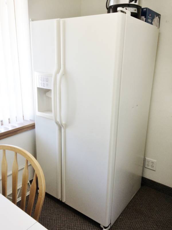 lot 61 image: GE 21.9 Cu. Ft. Capacity Side-By-Side Refrigerator with Dispenser GSH22KGRCC - Great Working Condition