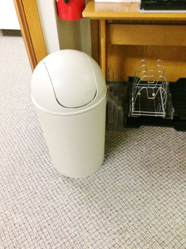 lot 109 image: Lot Of Office Supplies & Table - Fire Extinguisher Not Include Dome Top Trash Can Is Included
