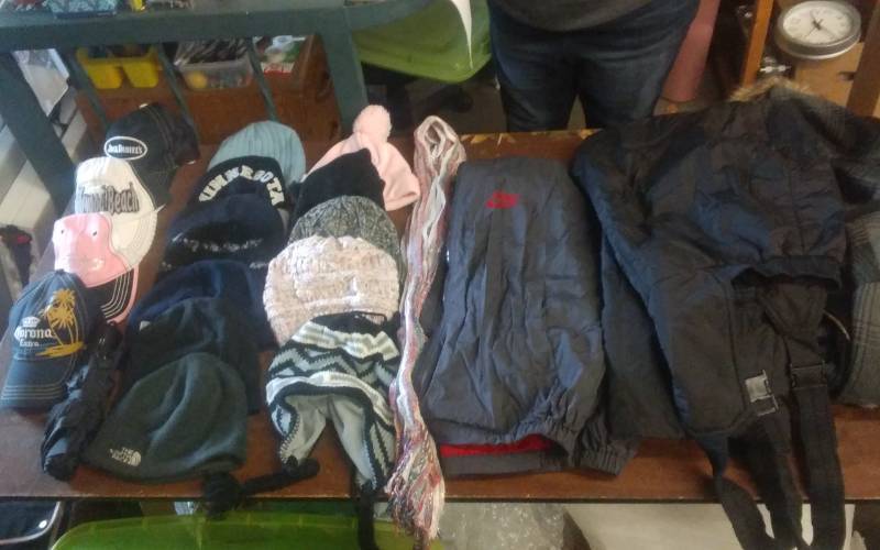 lot 10 image: Tote Bin With Lid Full Of Winter Hats, Mittens, Nike Jacket Sz M, Mens XL Snowpants