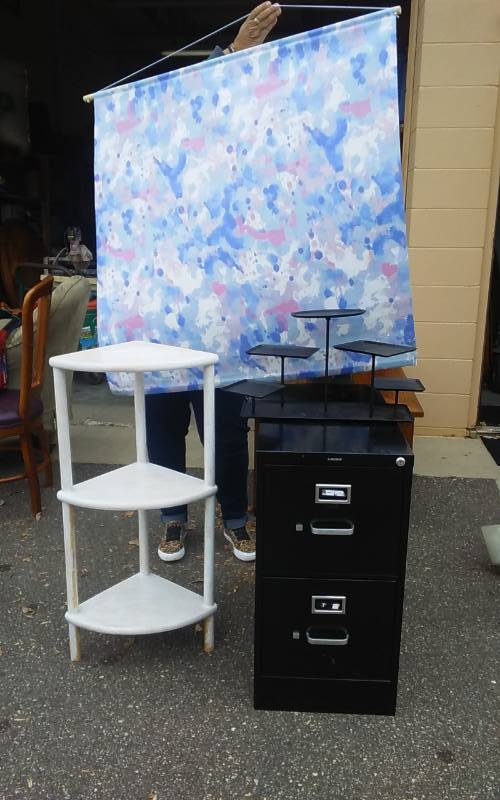 lot 44 image: HON 2-Drawer File 15x26x29, Corner Shelf 12x36, Wall DecorShade 42x40, IKEA Metal Stand