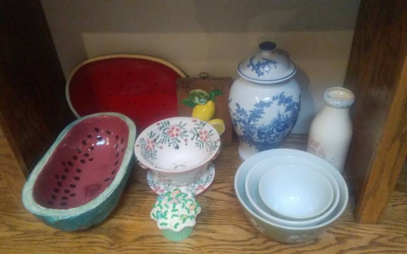 lot 36 image: Lot Of Kitchen Collectibles 3-Pyrex Bowls, Sassafrass Milk Bottle, Baum Bros Ginger Jar, Ceramic Watermelon, Tray, More