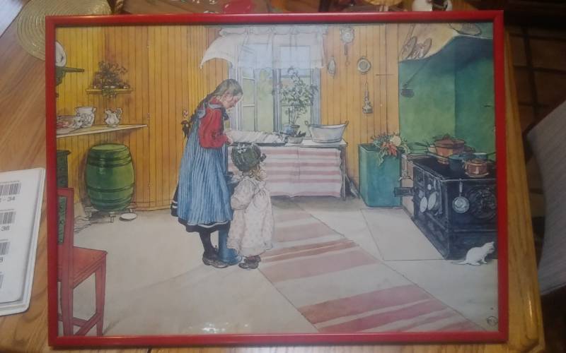 lot 38 image: Vintage Kitchen Picture With Red Frame (Signed C.L.) 20x28