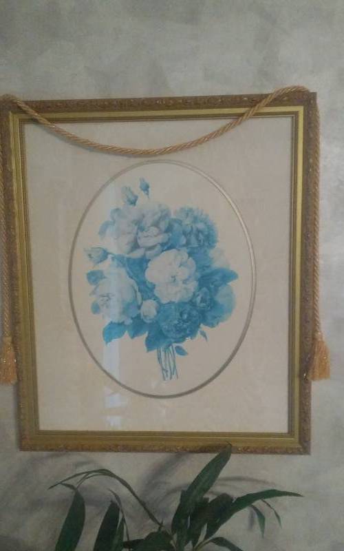 lot 57 image: 2-Gold Frame Blue Floral Prints 28x24, 23x27