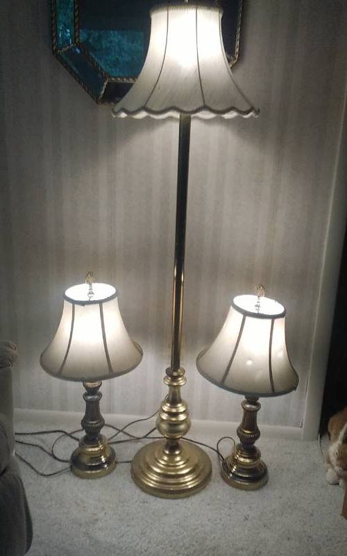 lot 73 image: Set Of 3-Lamps, 2-Table Lamps, 1-Floor Lamp Brass Filigree Finnials