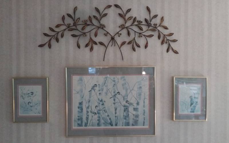 lot 85 image: 3 Piece Birds & Birch Tree Prints Large-26x20, 2-Small 10x13.  Signed By Jean Haefeie.  Also Metal Branch Sculpture