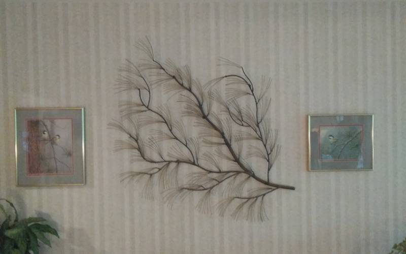 lot 86 image: 2-Framed Bird Prints On Pine Boughs 13x15, Signed James Hautman, With Pine Bough Metal Branch Sculpture