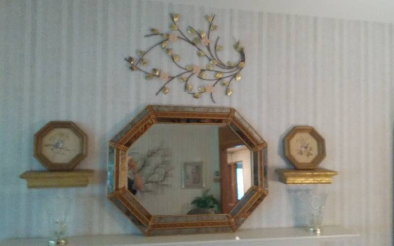lot 88 image: Lot Of Wall Decor, Gilded Octagonal Mirror 35x27, 2-Floating Shelves 13, 2-Bird Prints, 2-Crystal Vases & Metal Branch Sculpture