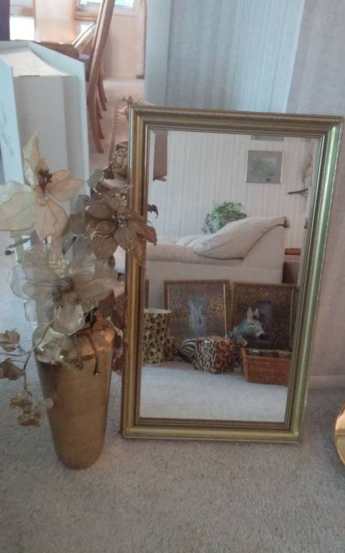 lot 90 image: Mirror 19x34, Brass Urn With Floral 16