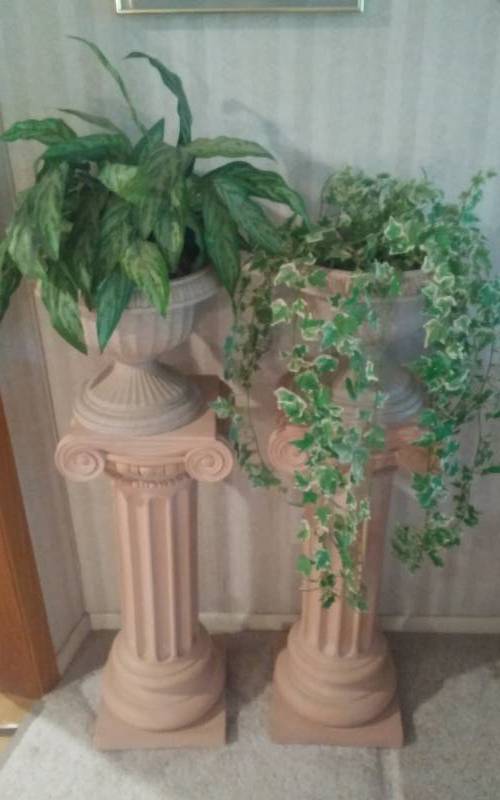 lot 94 image: 2-Plaster Pillars 10x12x29, 2-Urns With Greenery
