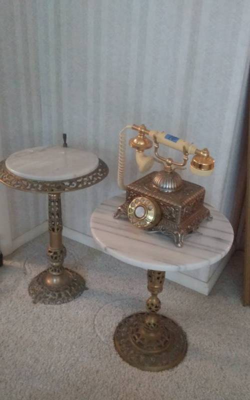 lot 96 image: 2-Marble Top Tables 14 Dia. By 14 Tall & Ornate Telephone