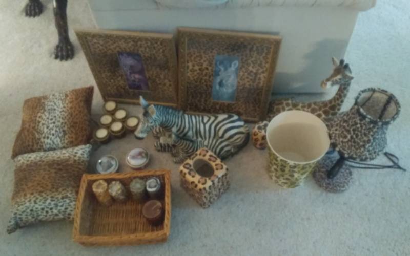 lot 102 image: Lot Of Leopard Decor, Zebra, Giraffe, Pillows, Prints, Candles,Lamp 14x16