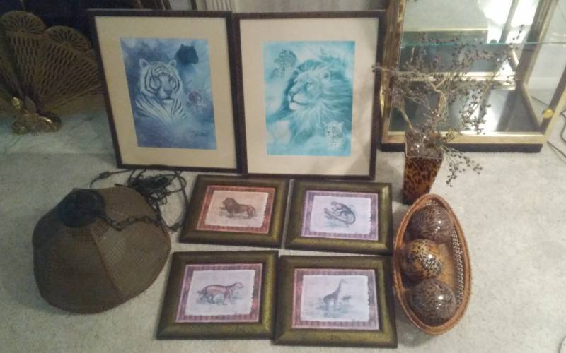 lot 103 image: Lot Of Safari Art 2-Prints Lion & Tiger By Ruane Manning 18x23, 4-Prints 13x11, Hanging Light Fixture, Spheres, Centerpiece