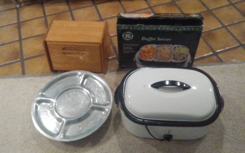 lot 105 image: Large Electric Roaster With Buffet Insert, Bread Box, Aluminum Lazy Susan RelishCondiment Server