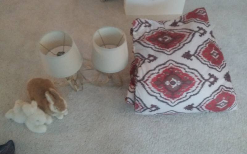 lot 106 image: King Size Comforter, Pair Of Lamps, 2-Fur Rabbits