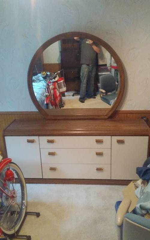 lot 112 image: Dresser With Mirror, Hutch Top Desk, 2-Door Night Stand