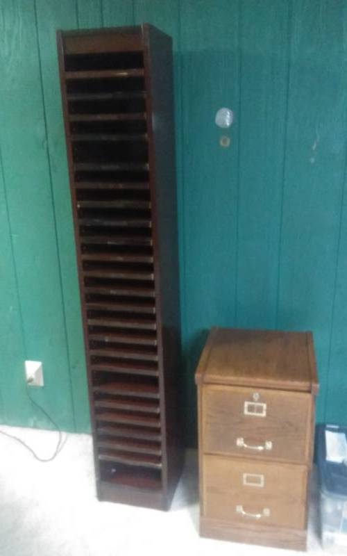 lot 125 image: 2-Drawer Locking File Cabinet (With Keys) 16x17x28, Tall Paper Organizer Shelf 12x12x72