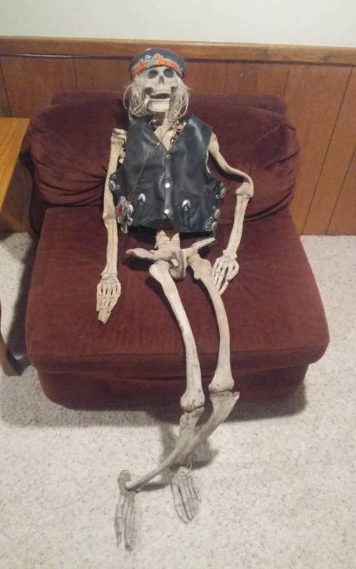 lot 132 image: Tall Skeleton With Leather Vest & Harley Bandana