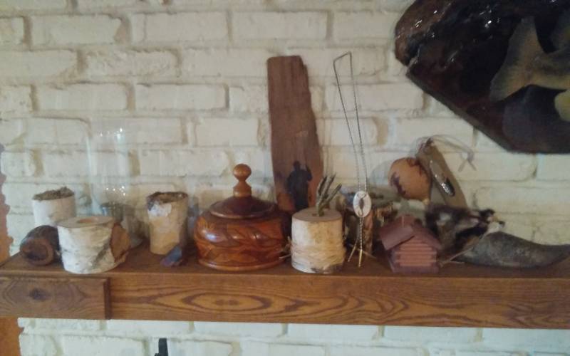 lot 139 image: Carved Wood Trinket Box, Birch Bark Candle Holders, Scorpion Bolo Tie, More