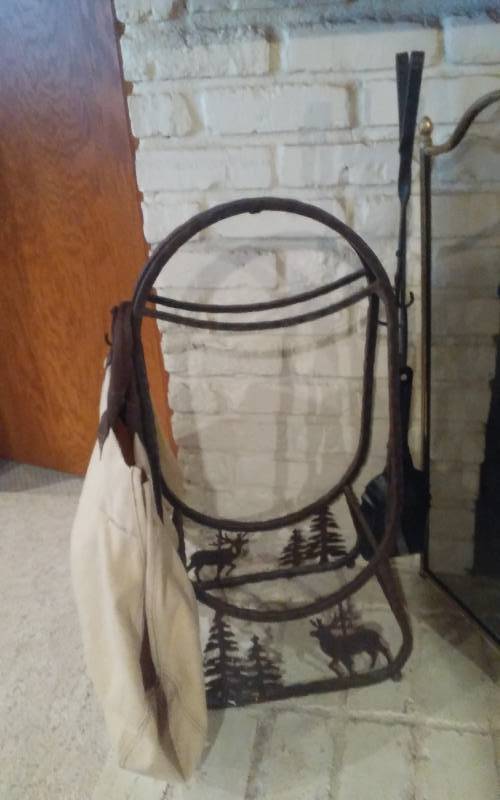 lot 141 image: Ornamental Iron Log Rack, Fireplace Tools, Log Carry Bag