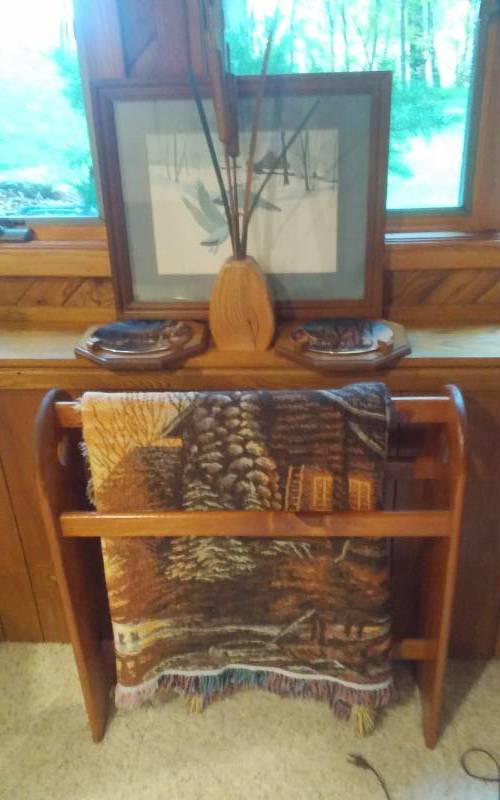 lot 157 image: Quilt Stand, Throw Blanket, 2-Terry Redlin Plates, Wood Cattails, Framed Goose Print 23x19
