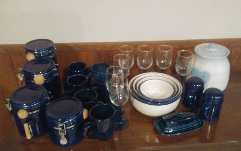 lot 167 image: Lot Of Blue Canisters, Coffee Mugs, Goblets, Cookie Jar, 4-Piece Cordon Bleu Bowls