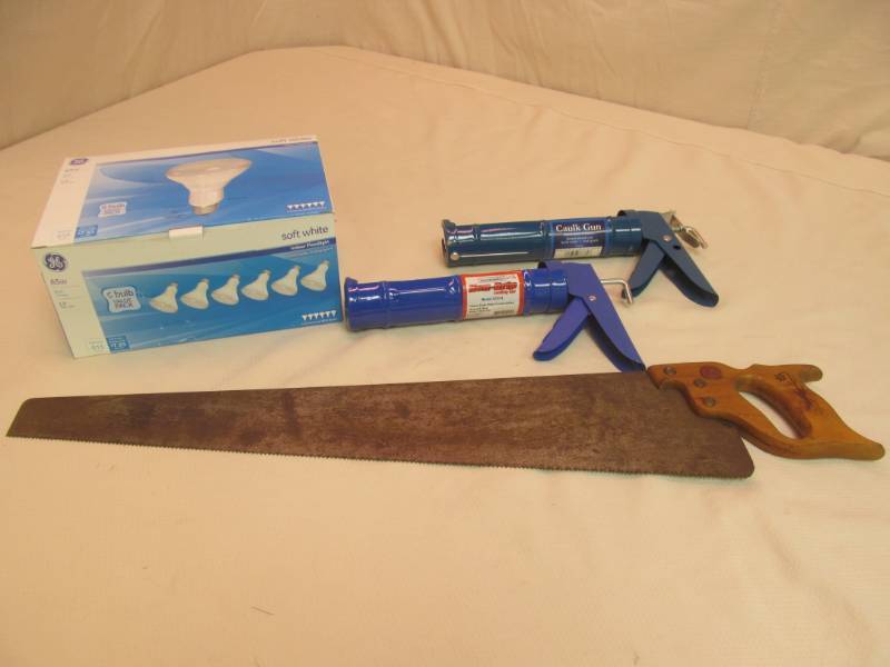 Caulking Gun, Light bulbs, Vintage Handsaw