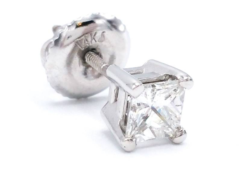 lot 10A image: Princess Cut Screw Back .39 CT Diamond Stud Estate Earring in 14k White Gold