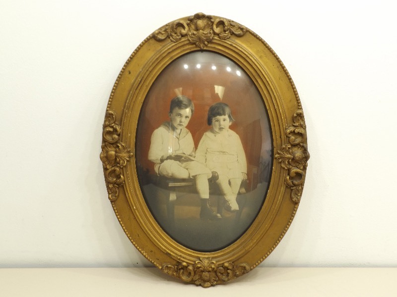 Antique Wood Framed Beveled Glass Hand Colored Photo Portrait of 2 Children