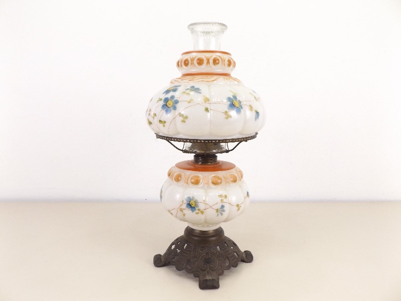Antique Hand Painted Oil Hurricane Lamp