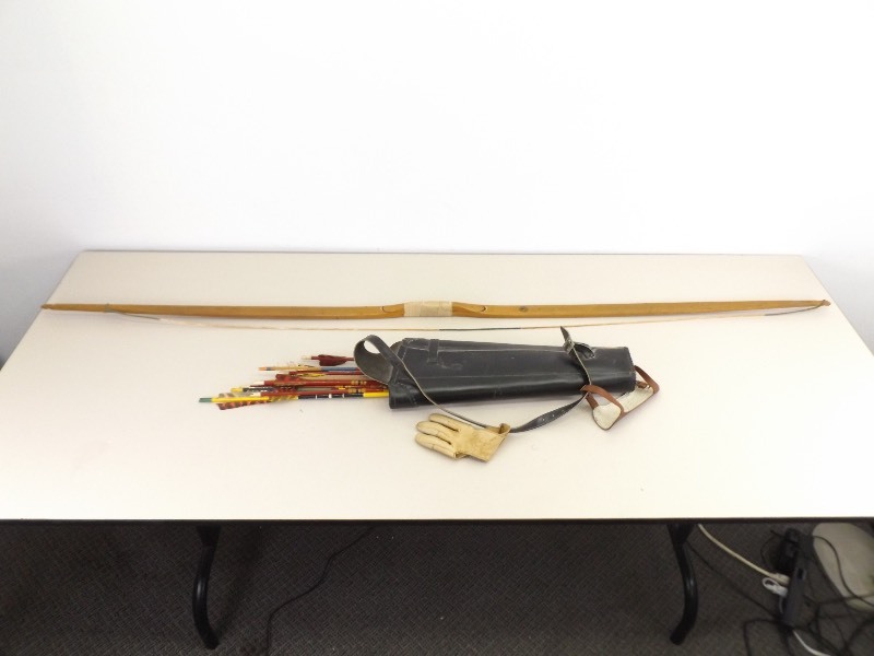 Vintage Wood Indian Archery Recurve Bow, Wood Arrows and Leather Quiver