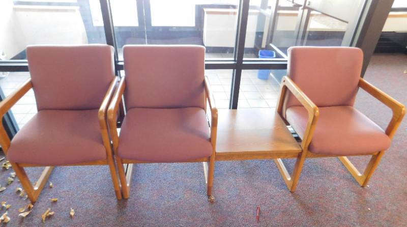 lot 123 image: Reception Area Chairs, Prints, Display Rack, & Table