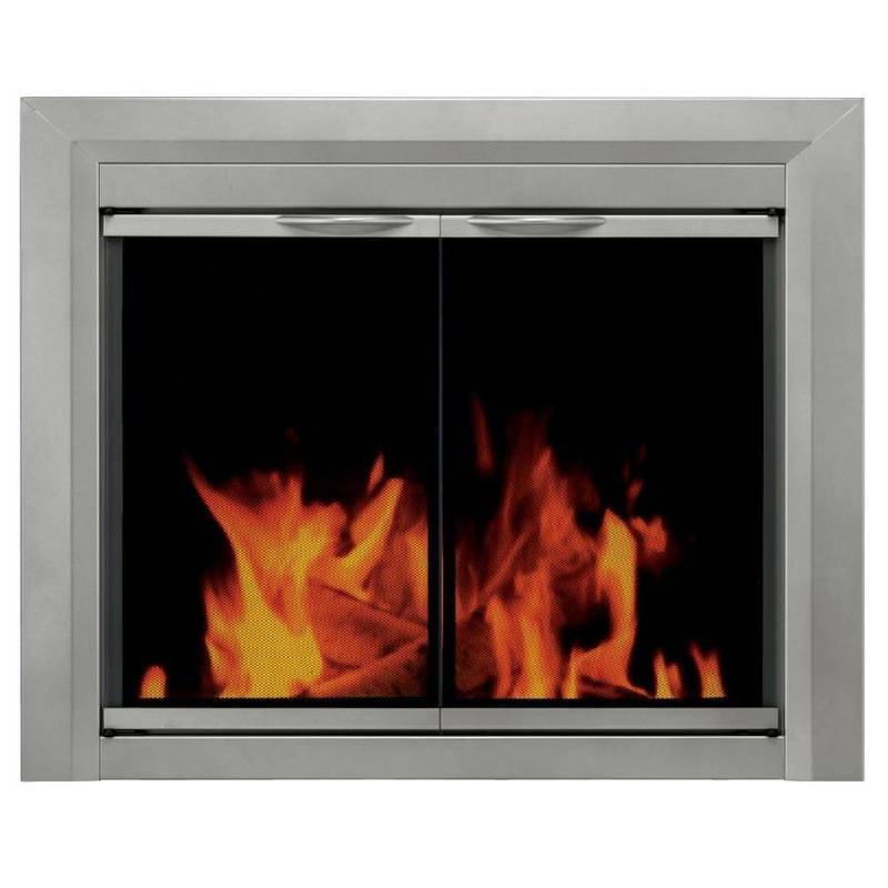 lot 142 image: Pleasant Hearth Colby Sunlight Nickel Medium Cabinet-Style Fireplace Doors with Smoke Tempered Glass CB-3301.
