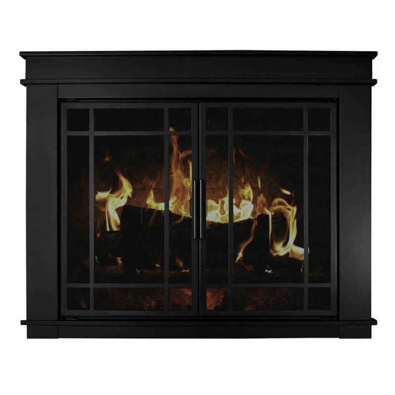 lot 143 image: Pleasant Hearth Midnight Black Large Cabinet-Style Fireplace Doors with Smoke Tempered Glass, FL-5802