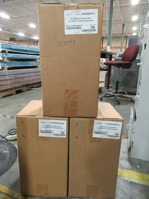 lot 104 image: 3 Cases of 12 Filter King 8 12 x 20 x 1 Air Filters  12 Pack  MERV 8 HVAC Pleated AC Furnace Filters, Protection Against Mold and Pollen, Allergen Reduction, Increases Air Quality