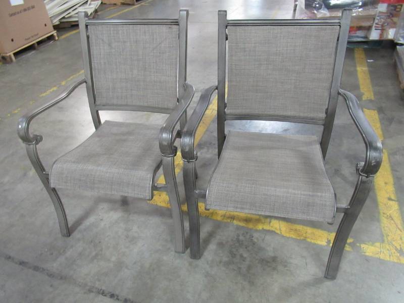 lot 110 image: Pair of Patio Sling Chairs With Decorative Back - Some slight scratches