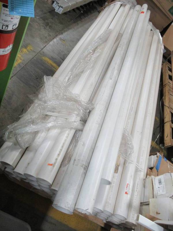 lot 152 image: JM Eagle 3 in. x 10 ft PVC Schedule 40 DWV Plain-End Pipe - Some Miscellaneous pieces as well. 531095. Approximately 45 Pieces.