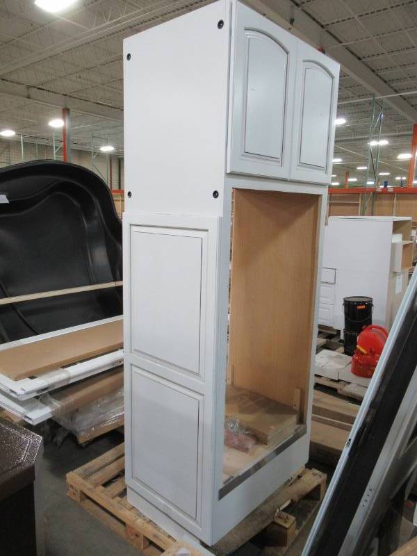 lot 156 image: Custom 33 X 96 X 24 Double Oven Kitchen Cabinet in White. Missing Back and LH Top Side Panel and Kick Plate is not included.