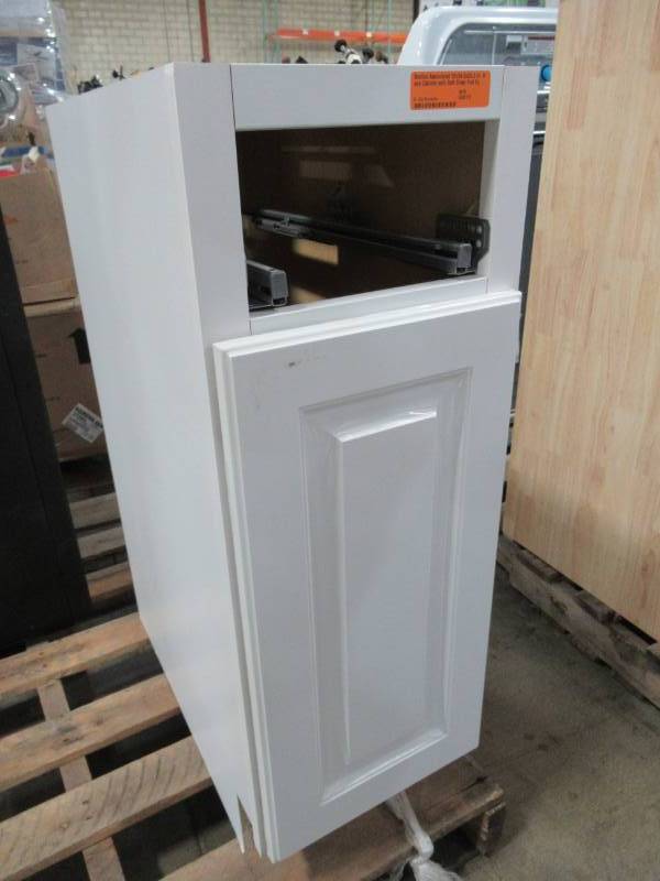 lot 56 image: Hampton Bay Benton Assembled 12 x 24 12 x 34 12 Tall Base Cabinet in White - Missing Drawer.